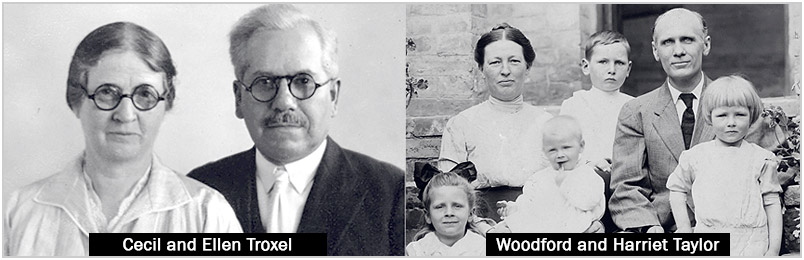 A photo of Cecil and Ellen Troxel (left) and Woodford and Harriet Taylor with their children (right)