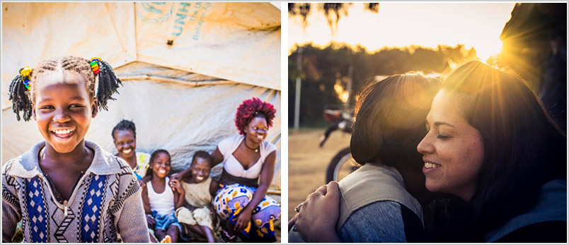 Left: refugee family, Right: Alicia hugging friend