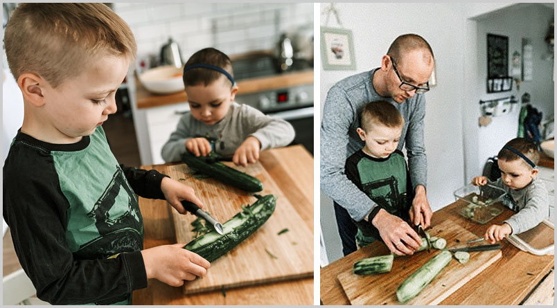 A photo of Mark and the older boys peeling and slicing cucumbers