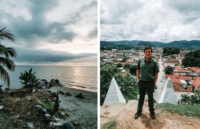 A photo overlooking the ocean on the left and Isaac Jines standing on a bluff with the city behind him.