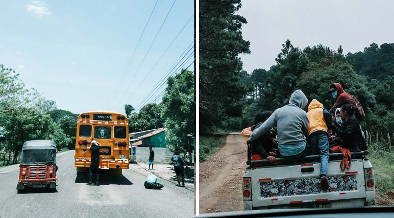 A photo of a little red buggy and a converted school bus on a city street and a photo of a pickup truck with eight or more people in the bed on a country road.
