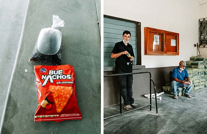 Left: a bag of chips and a coke in a plastic bag, Right: Isaac taking a break with a co-worker