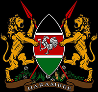 A graphic with two lions standing on either side of a shield with spears crossed behind it. The shield has the black, red, and green colors of the Kenya flag and in the center is a rooster with a hatchet in one claw. The word Harambee is on a ribbon at the bottom. 