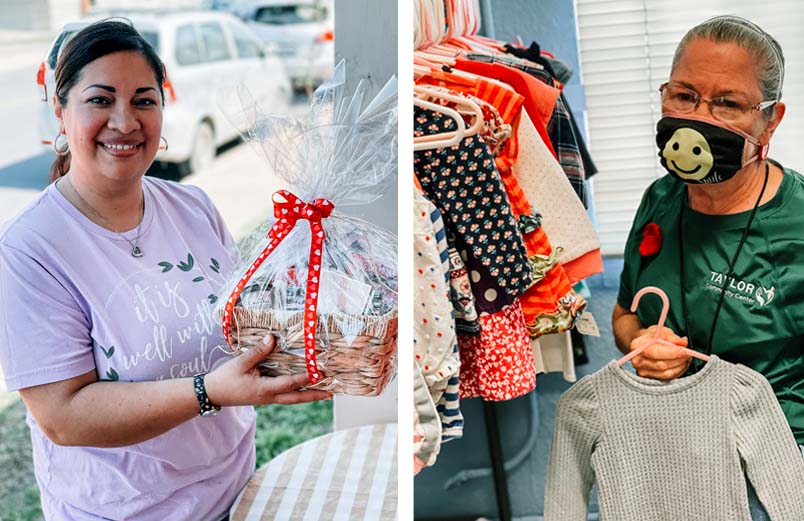 Two smiling women holding articles that are for sale at the Sparrow's Nest Boutique