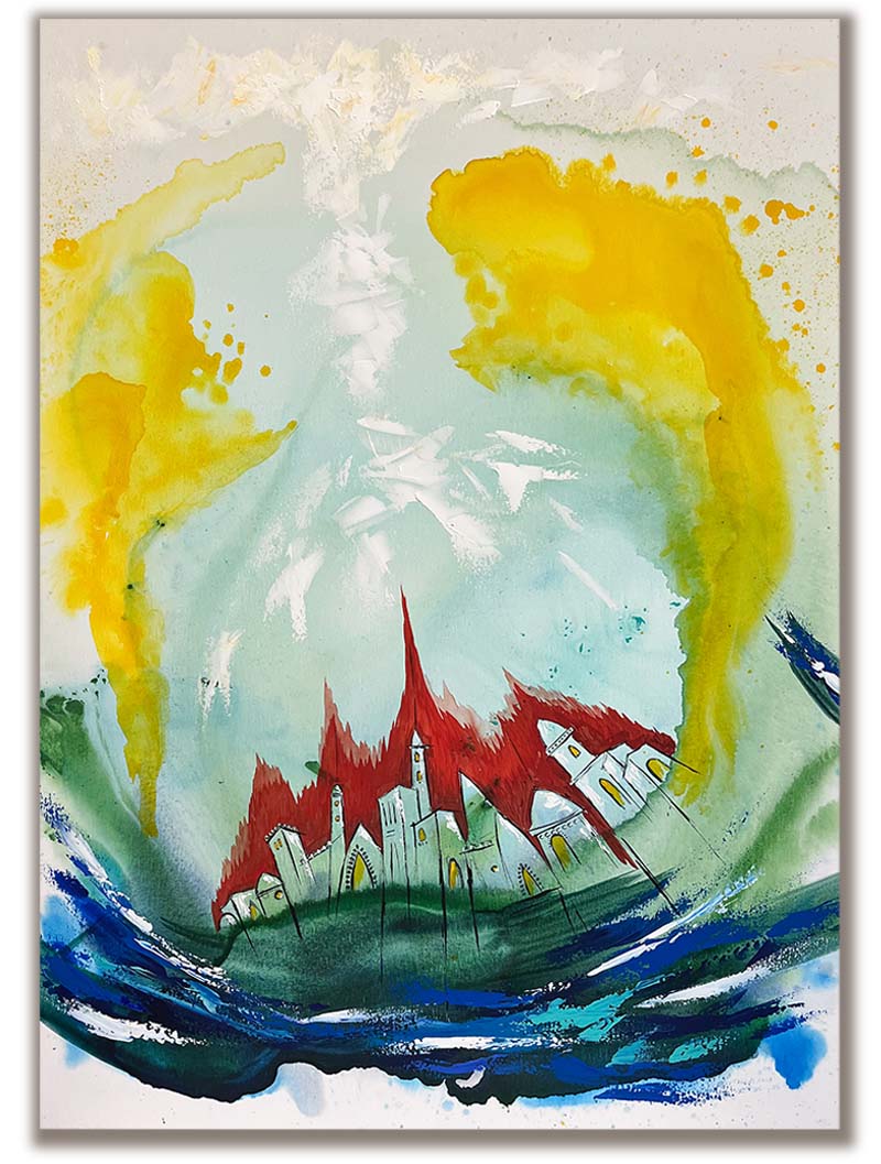 A painting of the city with the circle breached. The red behind the city is lighter, the yellow has separated and light is flooding in from above and below.