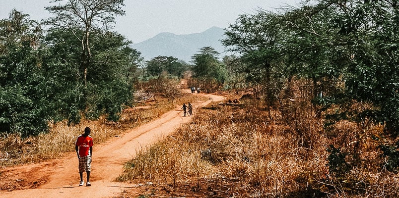 Waiting A young man standing in an intersection on a dusty rural path lined with green trees and dried brush with large hills in the background.