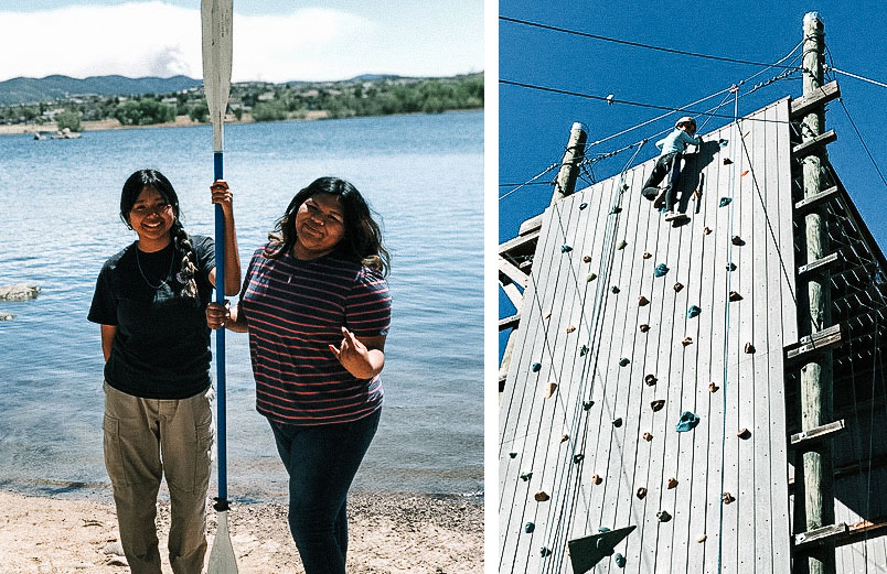 A photo of two girls holding a canoe paddle in front of a lake next to a photo of a teenager climbing a rock wall outside.