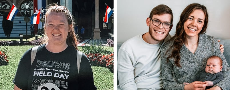 Photos of missionaries Hannah Johnson on the left and Andres and Bethany Donahue on the right