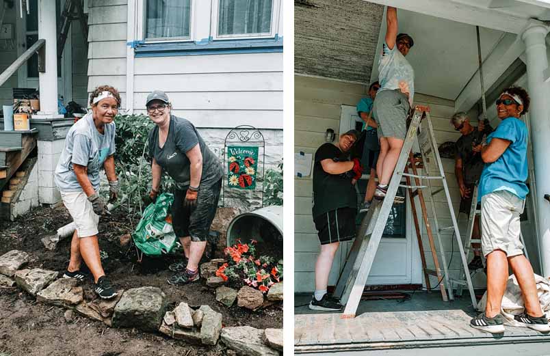 Left: two women planting flowers in front of a house. Right: five people repairing a porch ceiling.