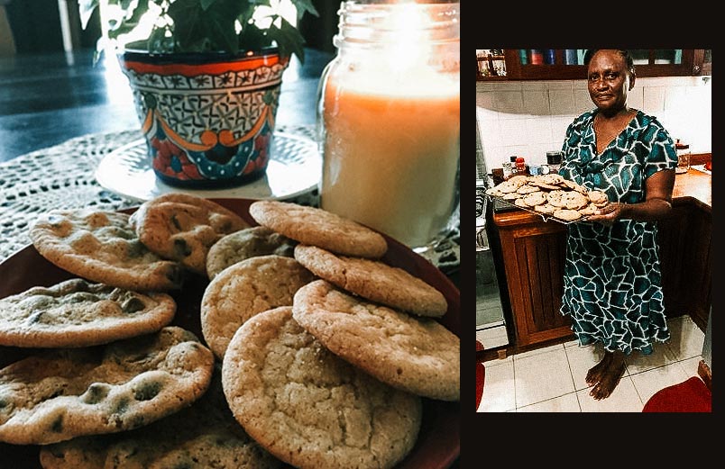 A photo of a plate of cookies next to a photo of a woman holding a plate of cookies