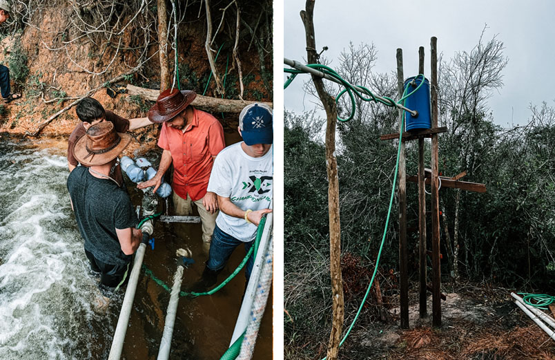 Left photo: four men standing in a river fixing a pump. Right photo: the water lines from the river going into the water tank in the village.