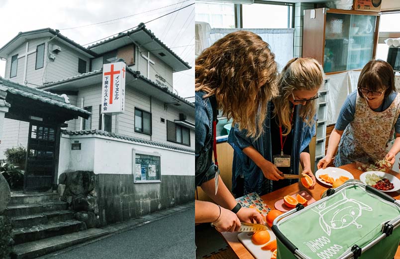 Shimonoseki Immanuel Church building on left, three women preparing food on right